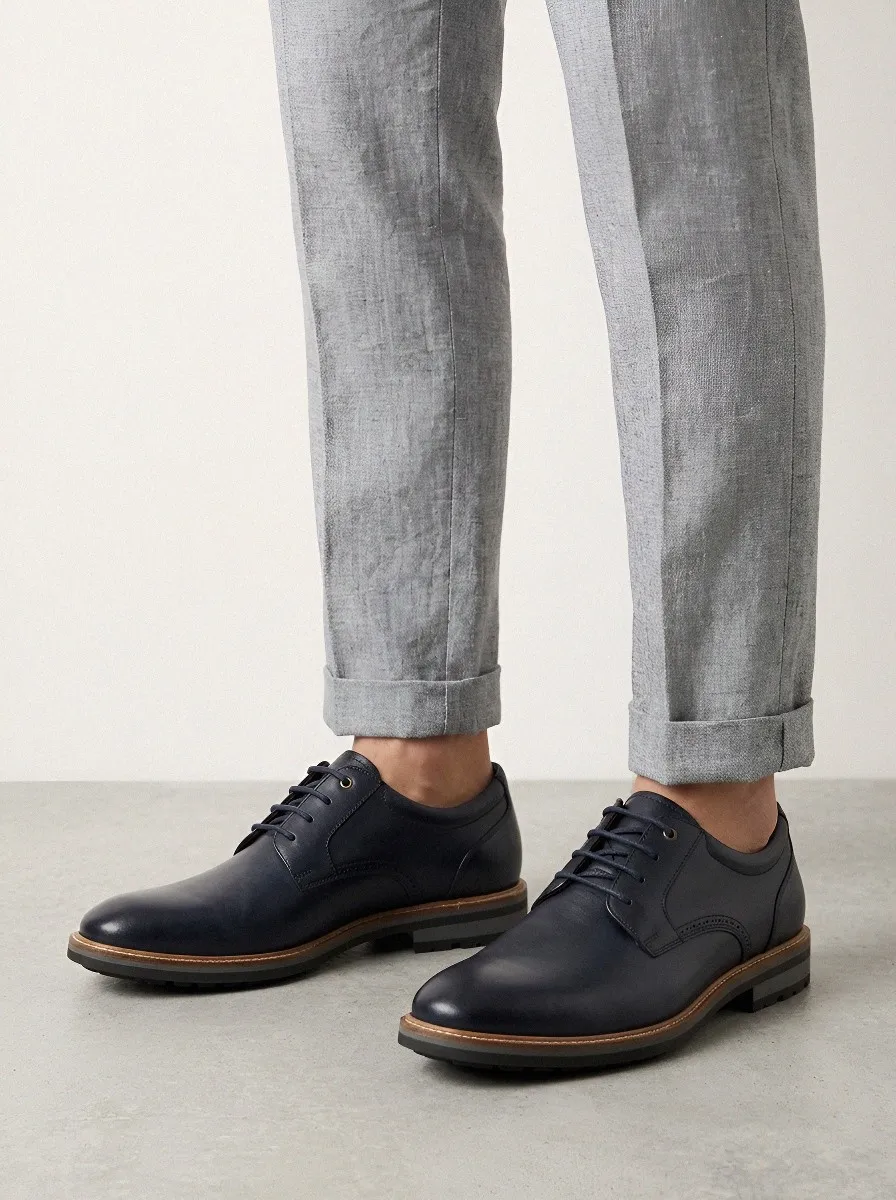 Men's Navy Leather Lace-Up Oxford Shoes