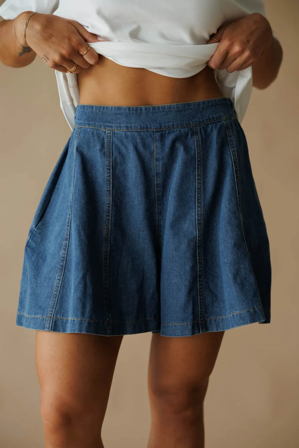Cotton Elastic Waist Denim Shorts