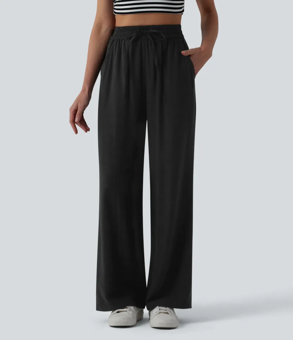 2026🔥High Waisted Drawstring Wide Leg Casual Linen-Blend Trousers with Pockets