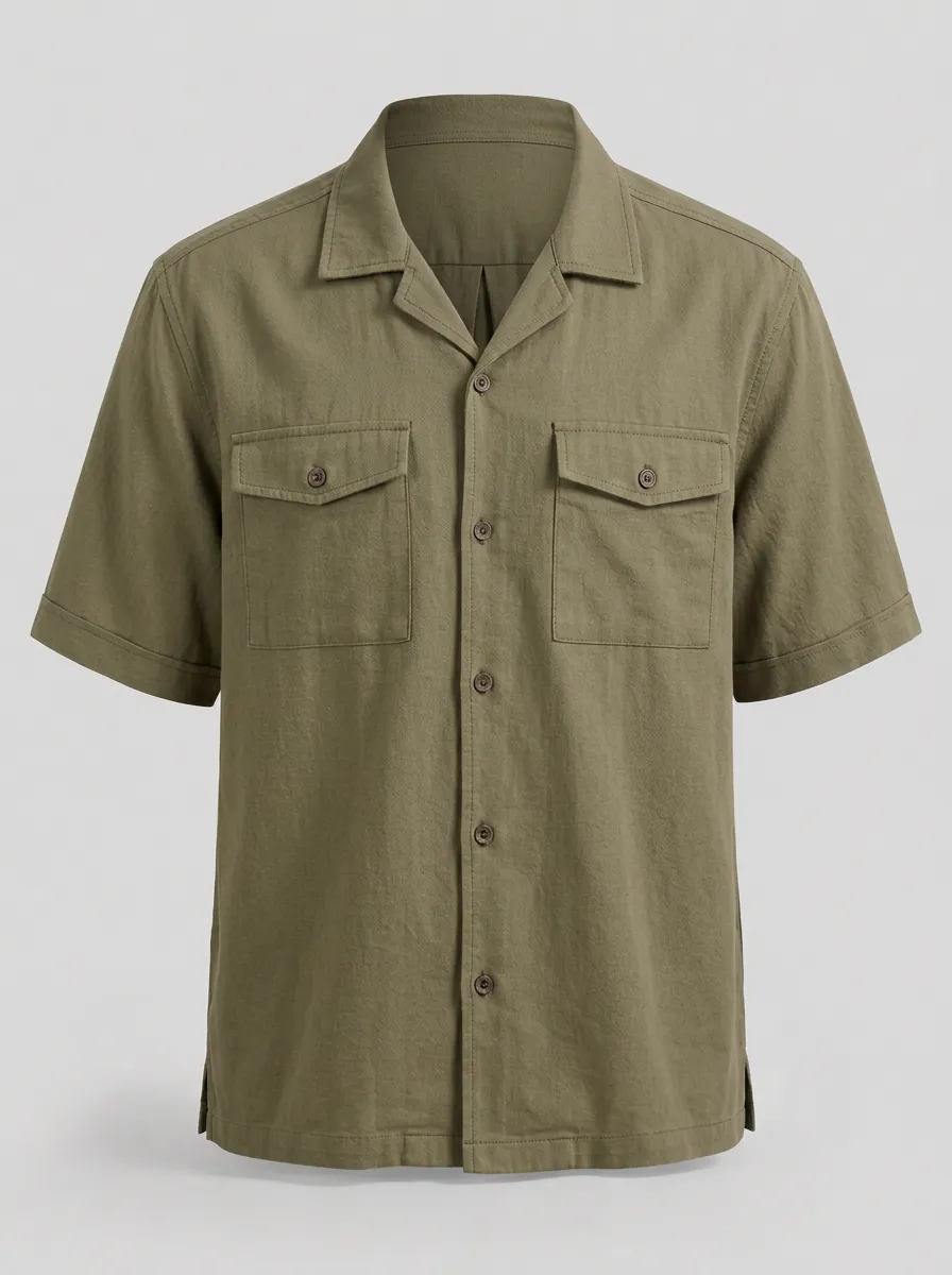 Men's Casual Olive Green Breathable Short Sleeve Button Up Shirt