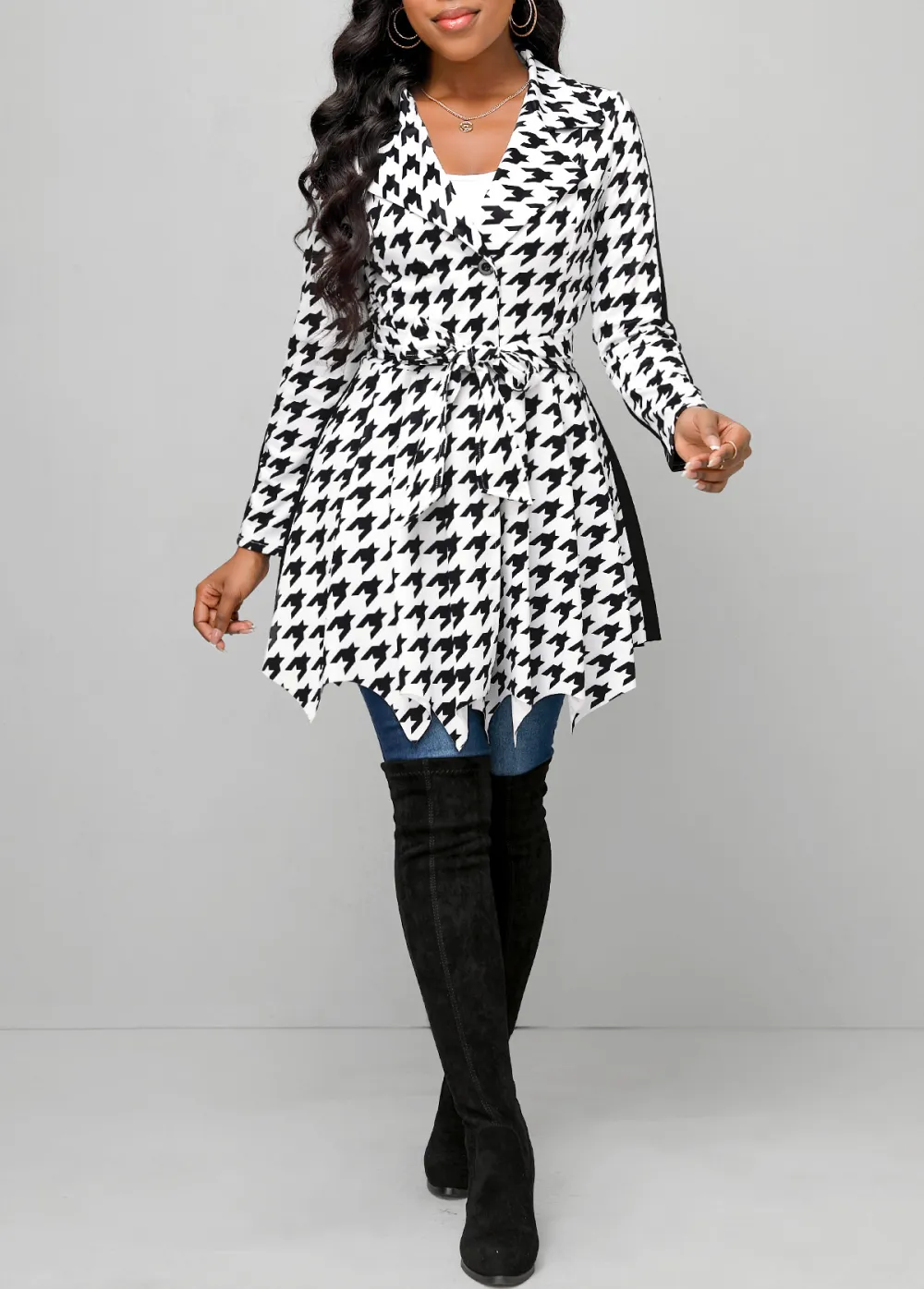 Black Button Houndstooth Print Belted Long Sleeve Coat