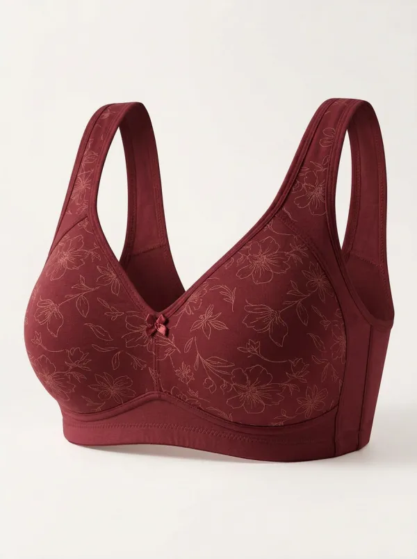 Women's Plus Size Off-White Floral Outline Full-Coverage V-Neck Wireless Bra