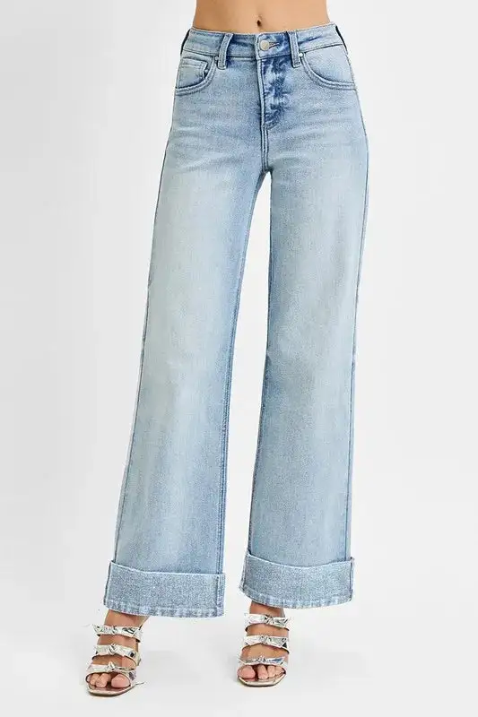 Soft High Waist Wide Leg Cuffed Denim Jeans
