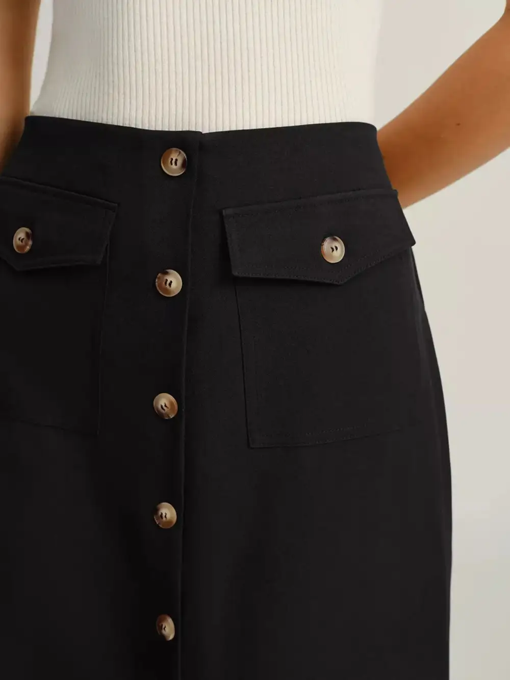 Pocketed Button Front Midi Skirt