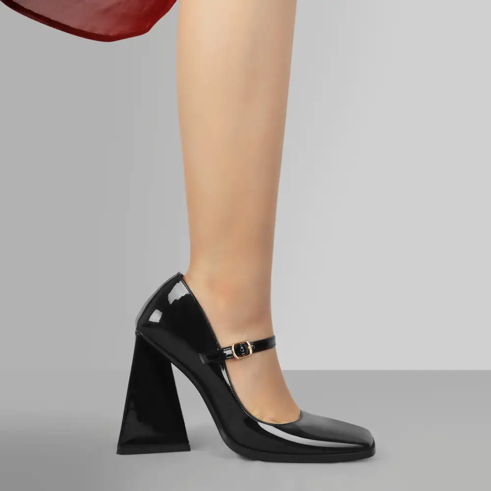 Patent Finish Square Toe Chunky Heel Pumps