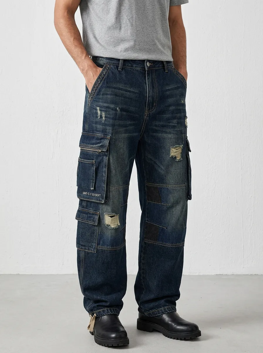 Men's Ridge Distressed Denim Multi-Pocket Cargo Jeans
