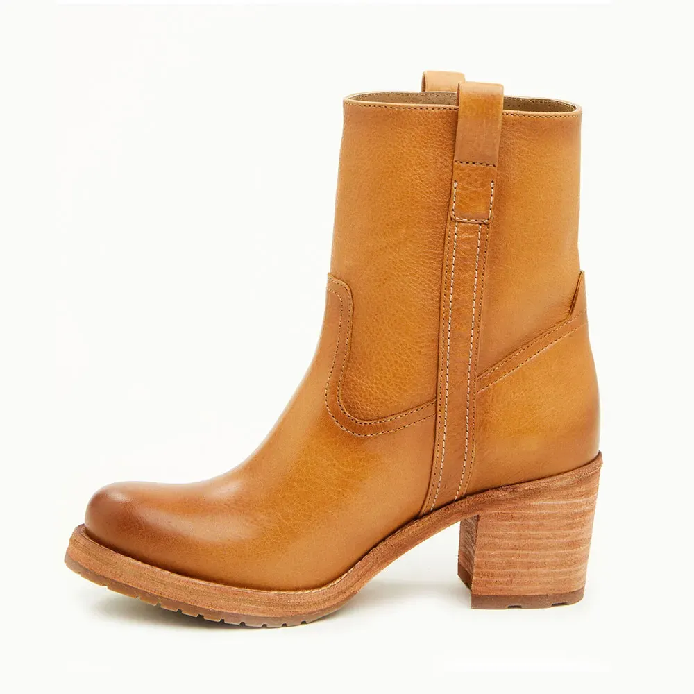 Faux-Leather Pull-On Round-Toe Block-Heel Ankle Boots