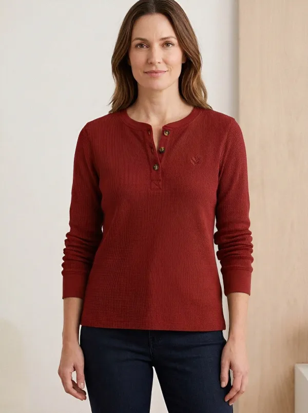 Women's Nature Lover Olive Leaf Embroidered Waffle Henley Shirt