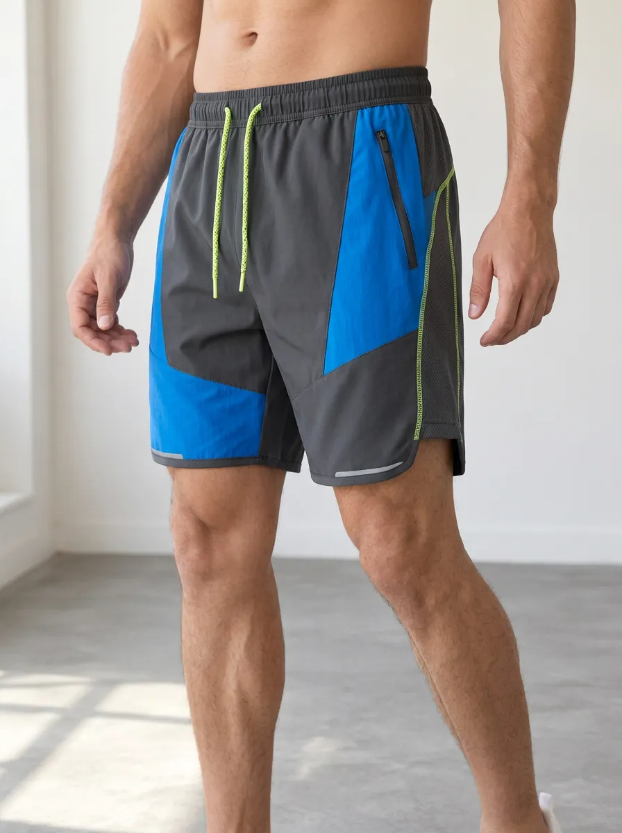 Men's Athletic Gym Blue Grey Colorblock Zipper Pocket Shorts