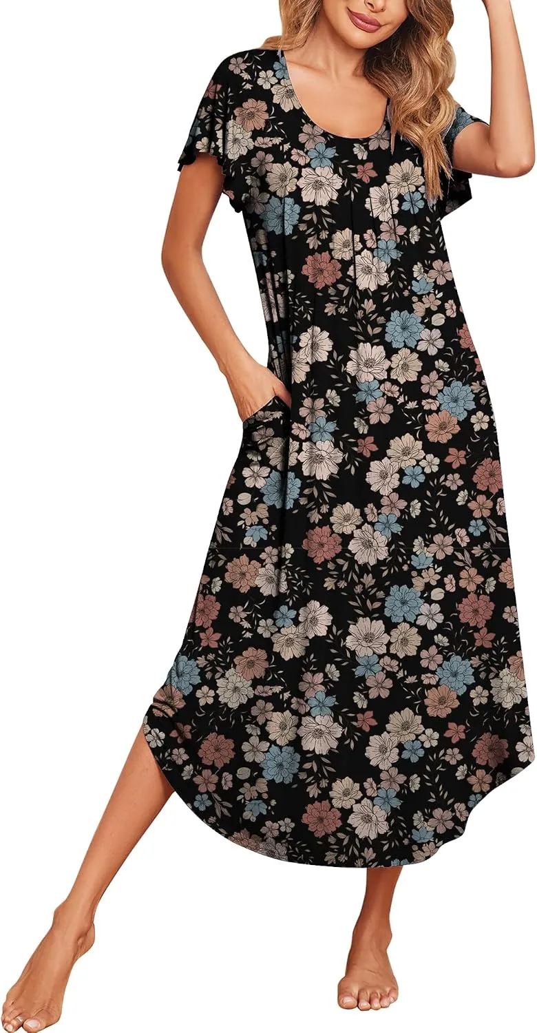 Ekouaer Long Nightgowns for Women with Pockets Short Sleeves House Dresses