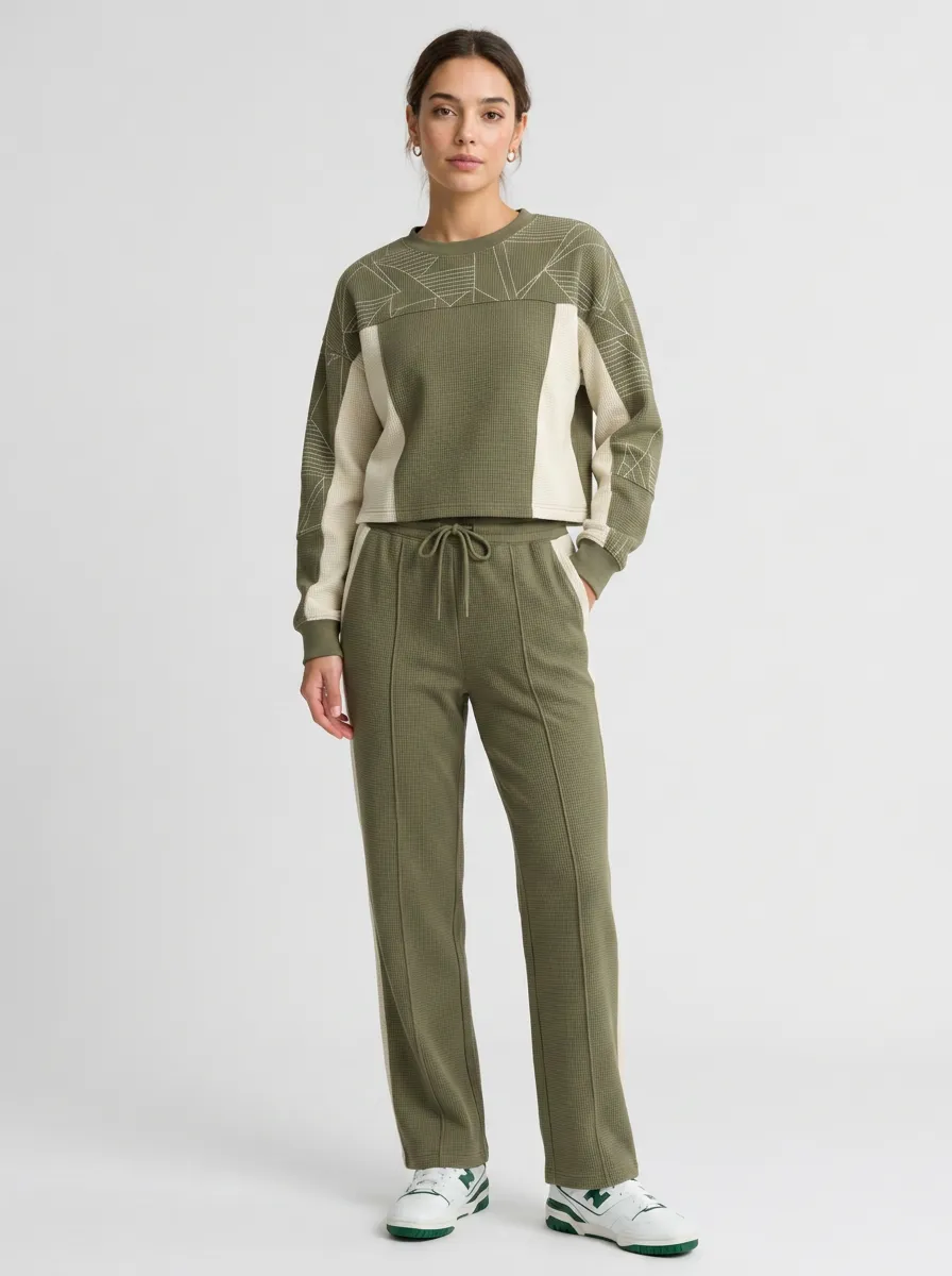 Women's Olive Green Geometric Pattern Printed Waffle Knit Lounge Set