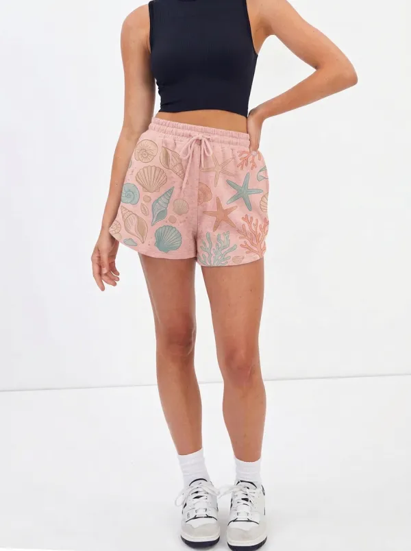 Women's Coastal Seashell Starfish Coral Graphic Shorts