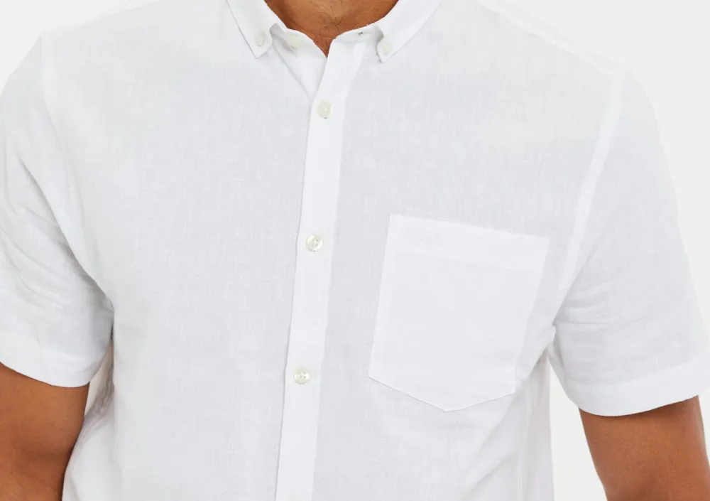Men's White Short Sleeve Linen Blend Shirt