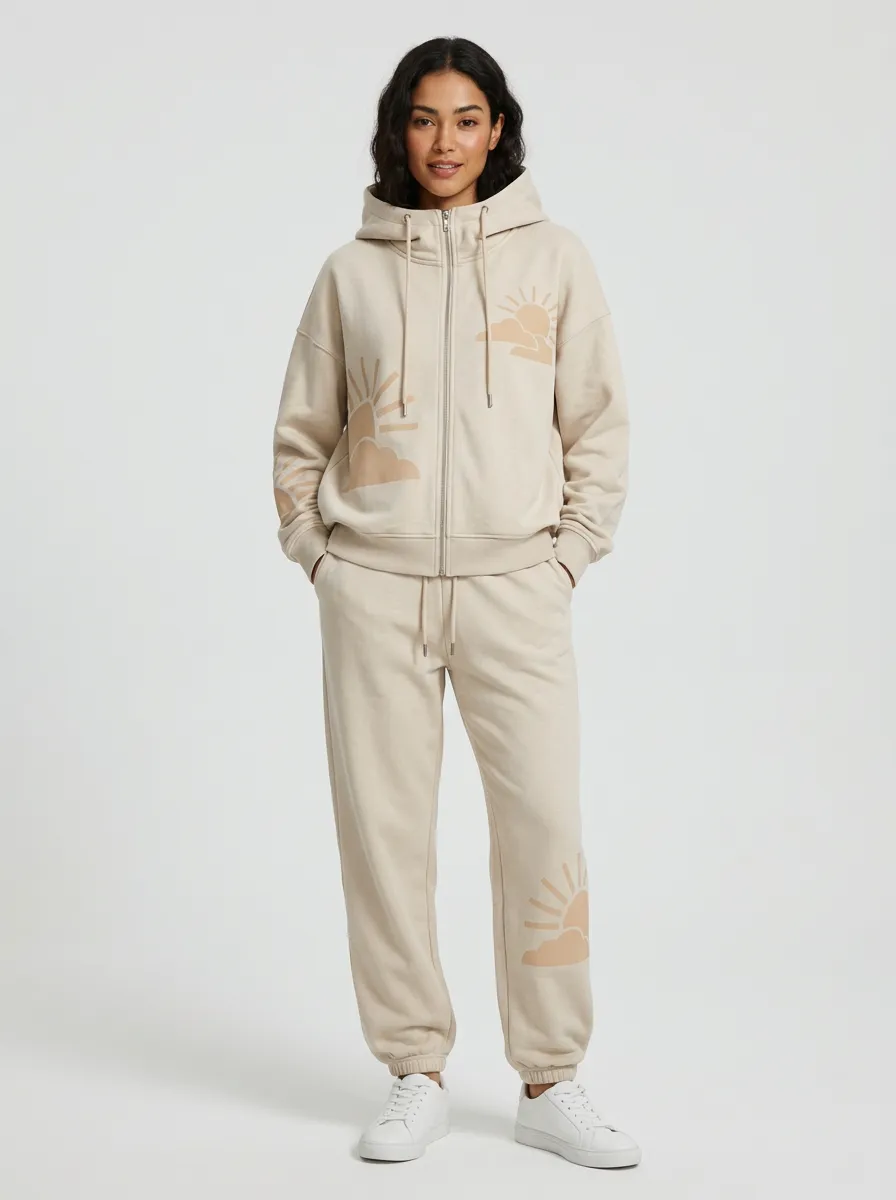 Women's Beige Graphic Zip-Up Hoodie Jacket & Jogger Set