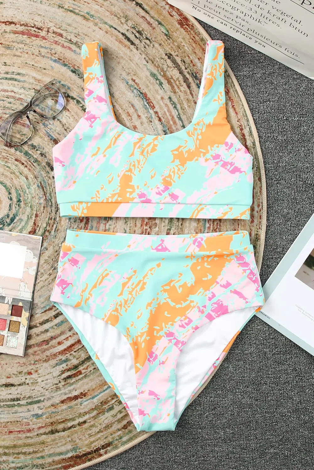 Swimwear Abstract Waves Print High Waist Bikini Swimsuit