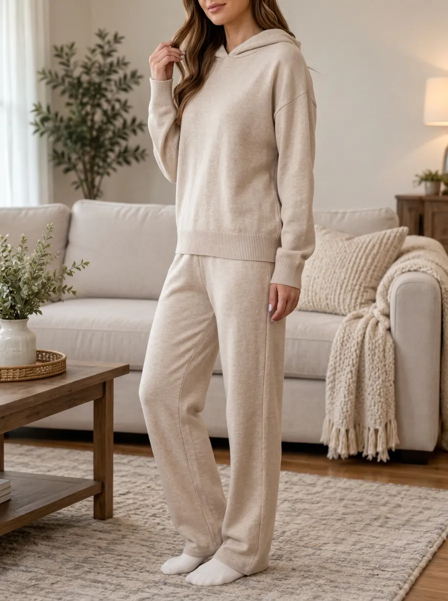 Women's Beige Casual Lounge Solid Color Knitted Hoodie Set