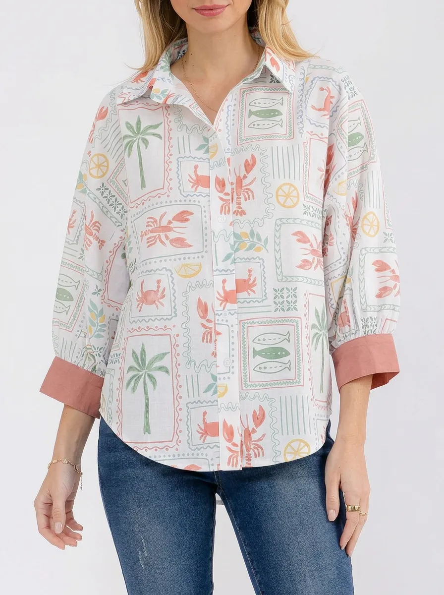 Women's Coastal Summer Lobster Palm Printed Button-up Shirt