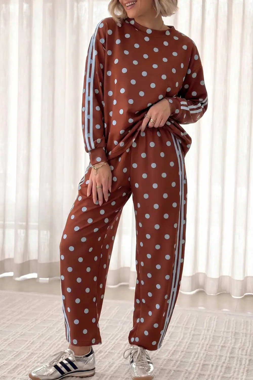Women's Polka Dot Print Side Stripe Detail Long Sleeve Top Casual Pant Set