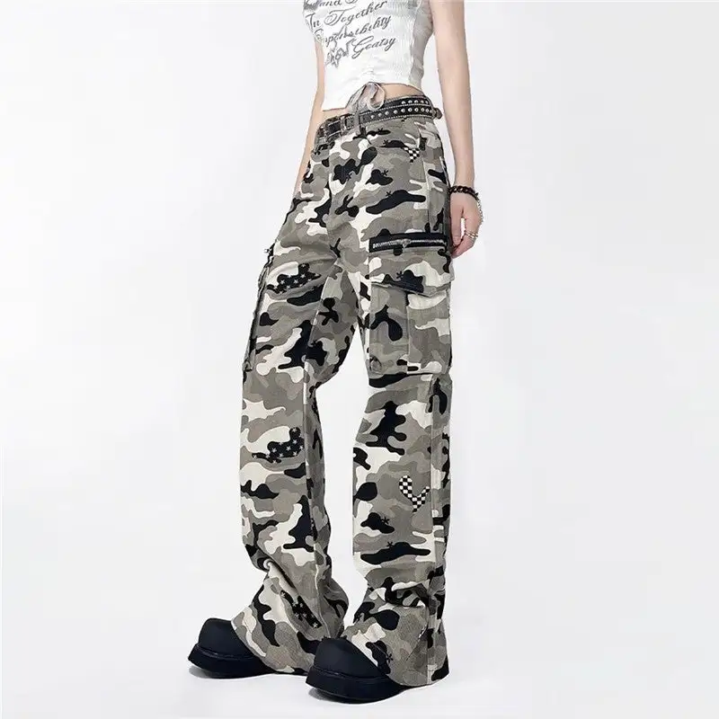 Women's Flared Relaxed Fit Camouflage Cargo Pants