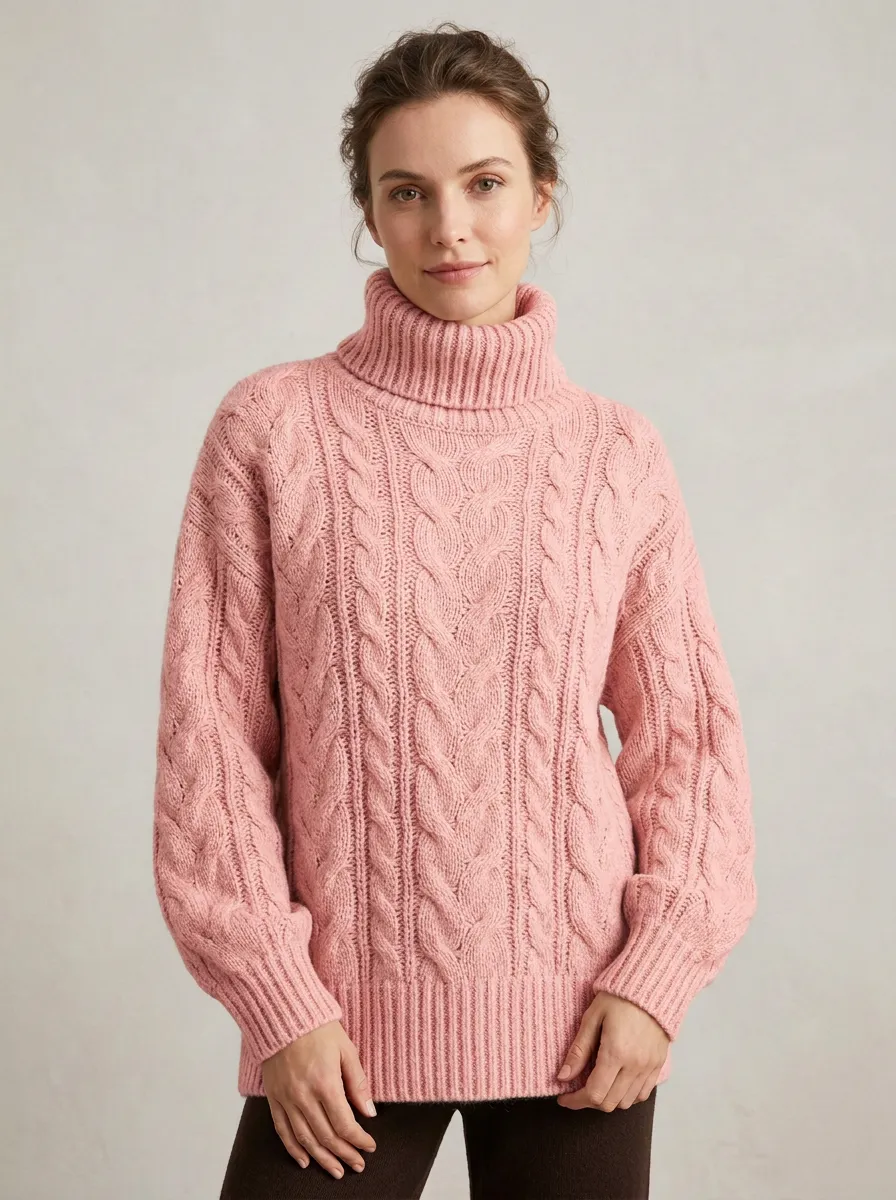 Women's Casual Winter Beige Cable Knit Turtleneck Sweater