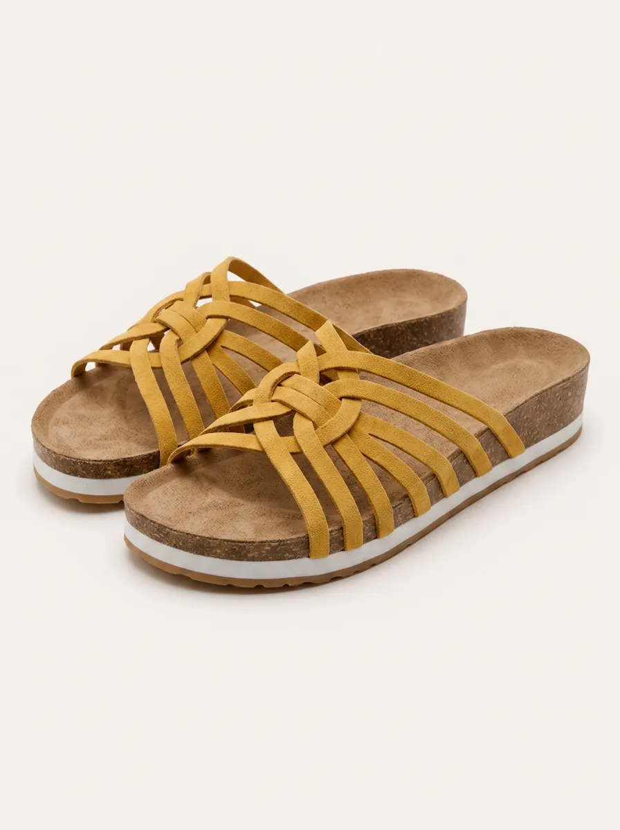 Women's Summer Casual Yellow Braided Strap Cork Sandals
