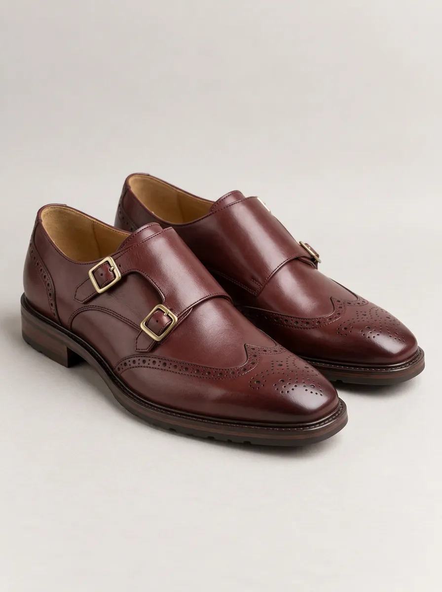 Men's Monk Strap Dress Shoes with Burgundy Finish
