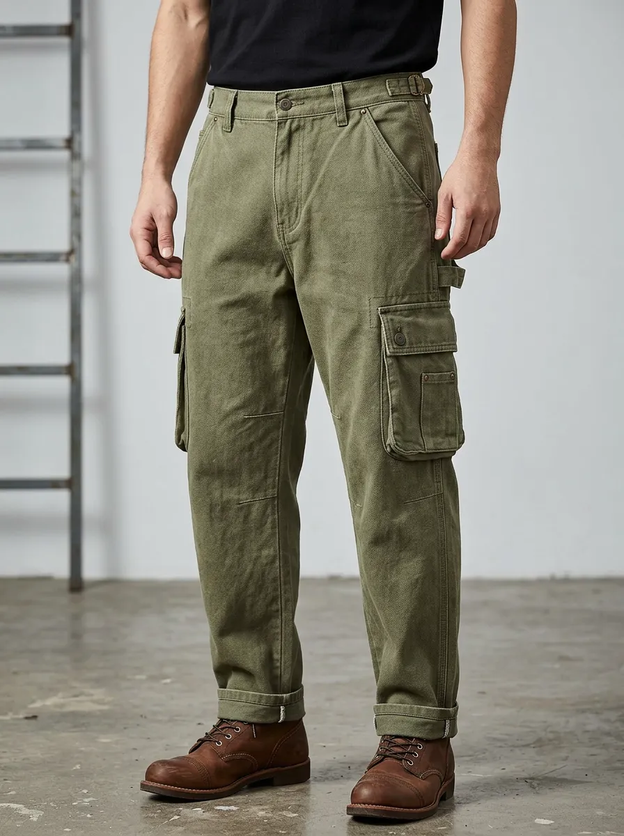 Men's Olive Green Multi-Pocket Utility Adjustable Waist Tabs Cargo Pants