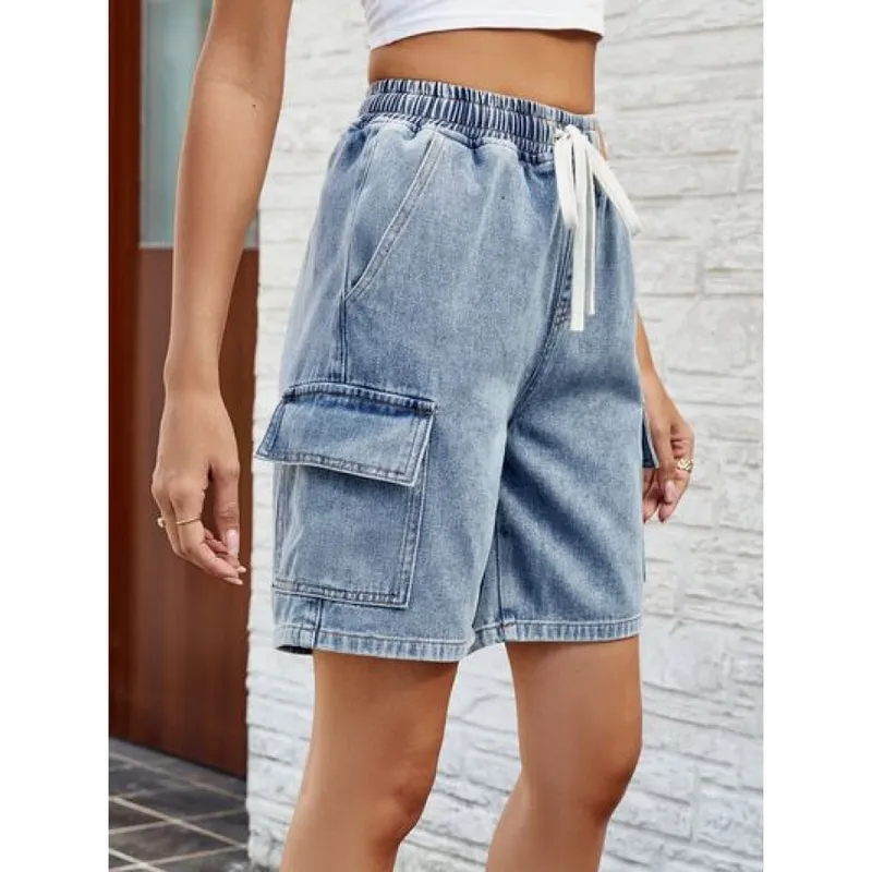Drawstring Denim Shorts with Pockets