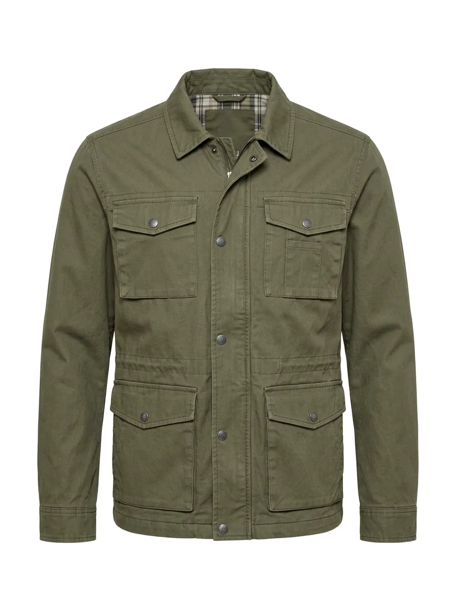 Men's Military Style Olive Green Multi-Pocket Field Jacket