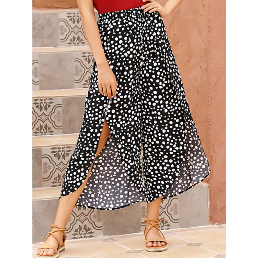 Perfee Slit Polka Dot Wide Leg Pants