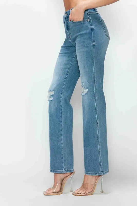 High-Rise Distressed Washed Pocketed Straight Leg Jeans