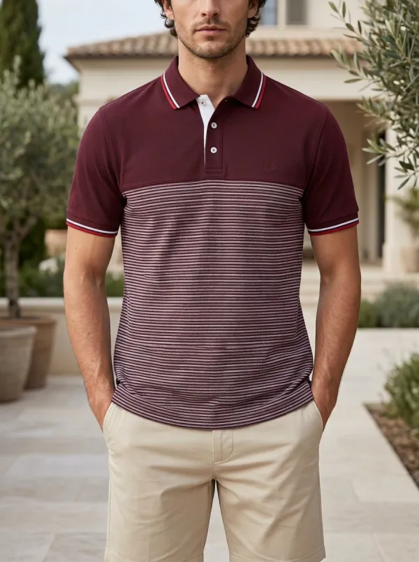 Men's Casual Style Navy Striped Colorblock Printed Polo Shirt