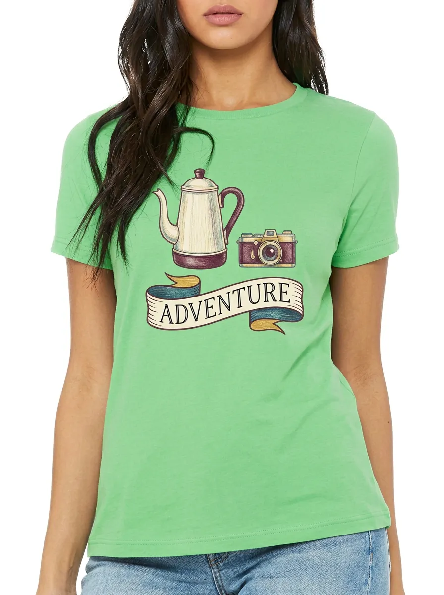 Women's Adventure Travel-Inspired Coffee Pot Camera Printed T-Shirt