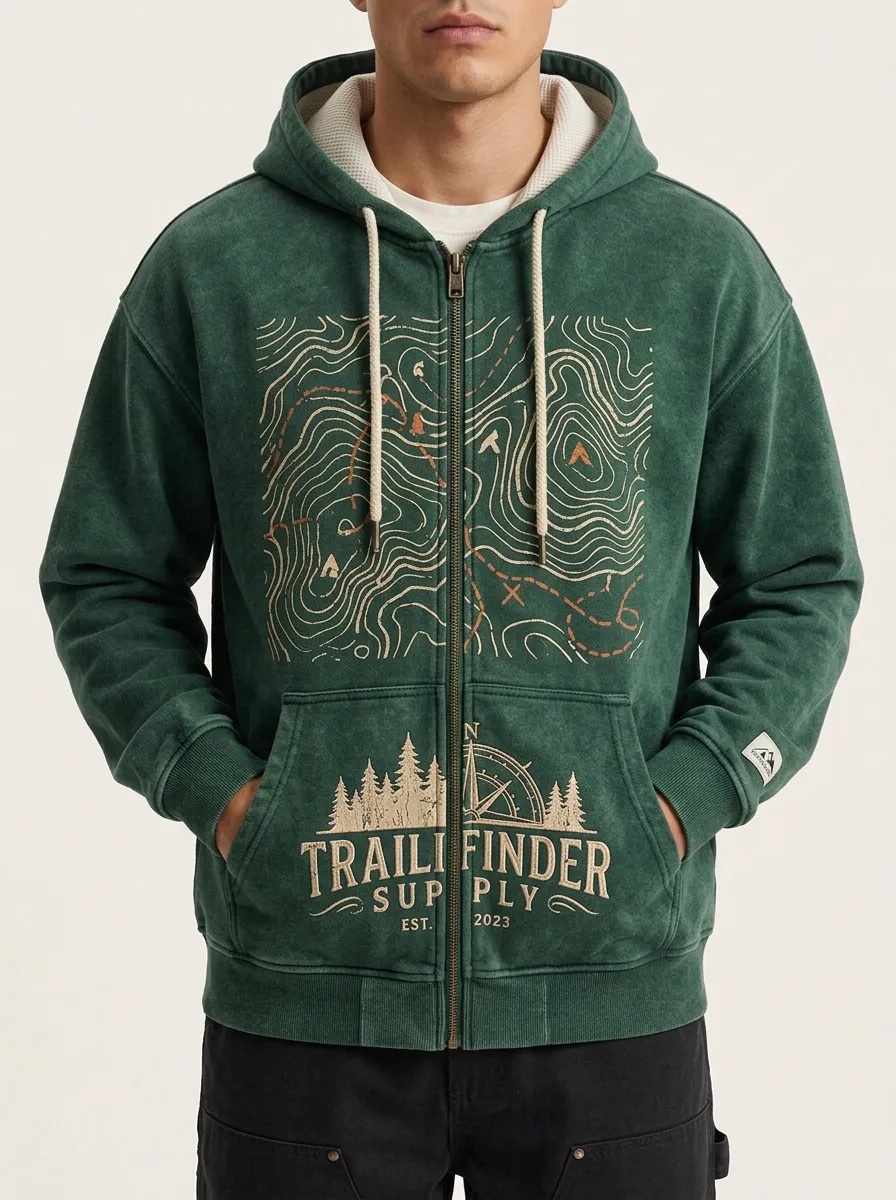 Men's Hiking Lover Topographic Map Trail Finder Printed Zip Hoodie