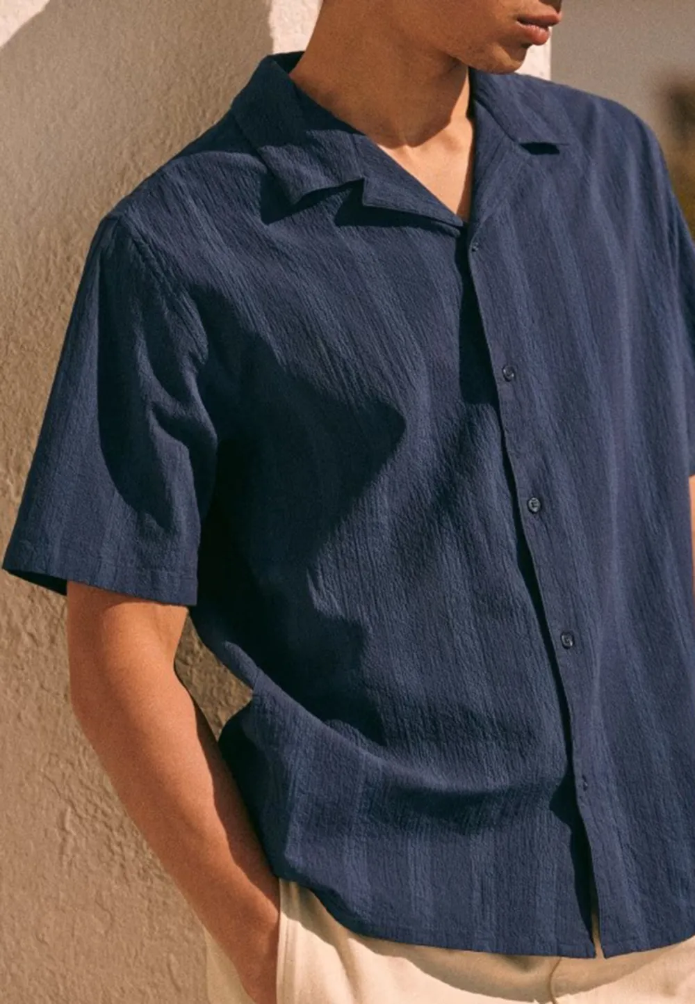 Navy Blue Seersucker Camp Collar Short Sleeve Shirt
