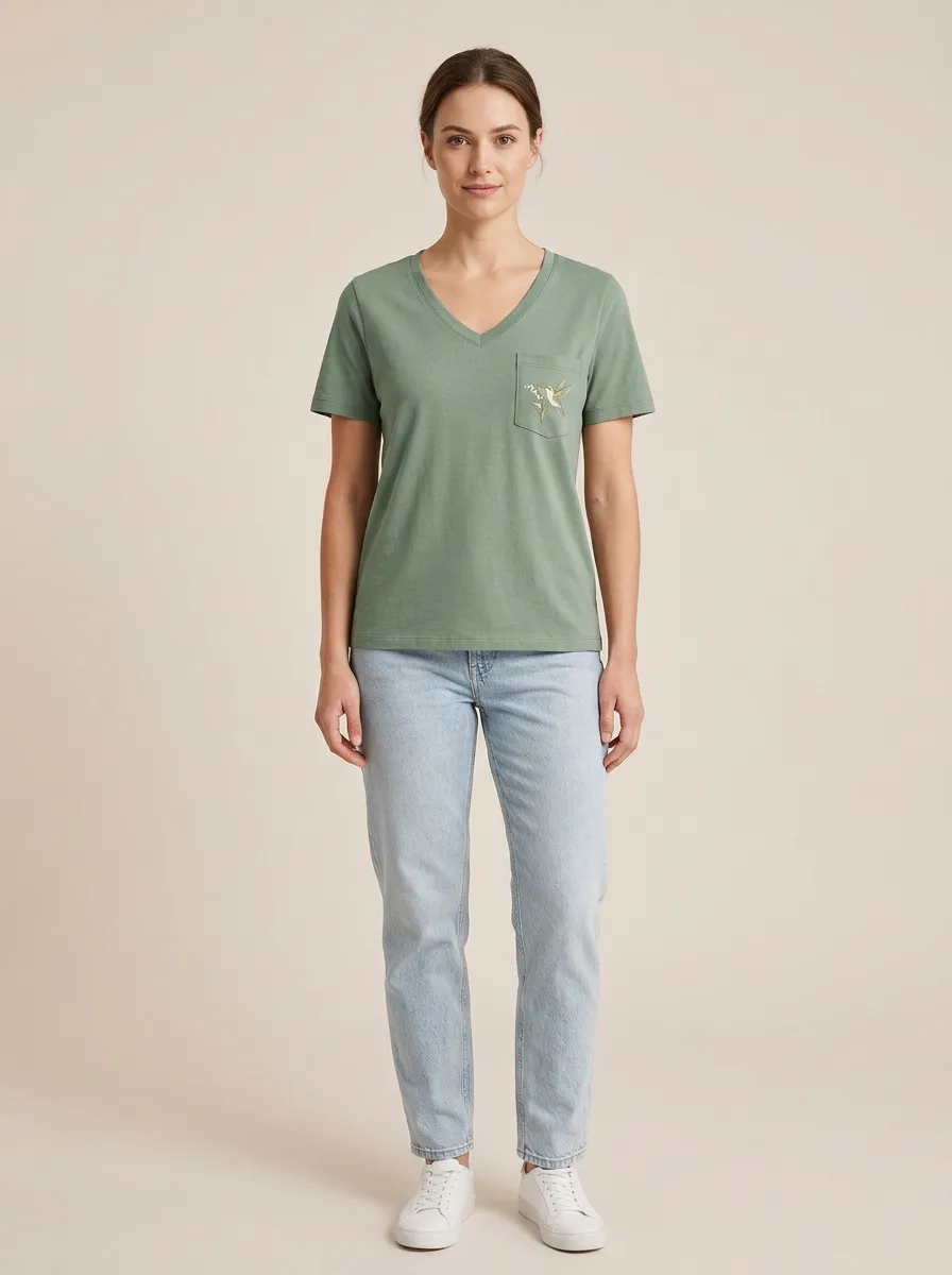 Women's Hummingbird Embroidered Pocket V-Neck T-Shirt