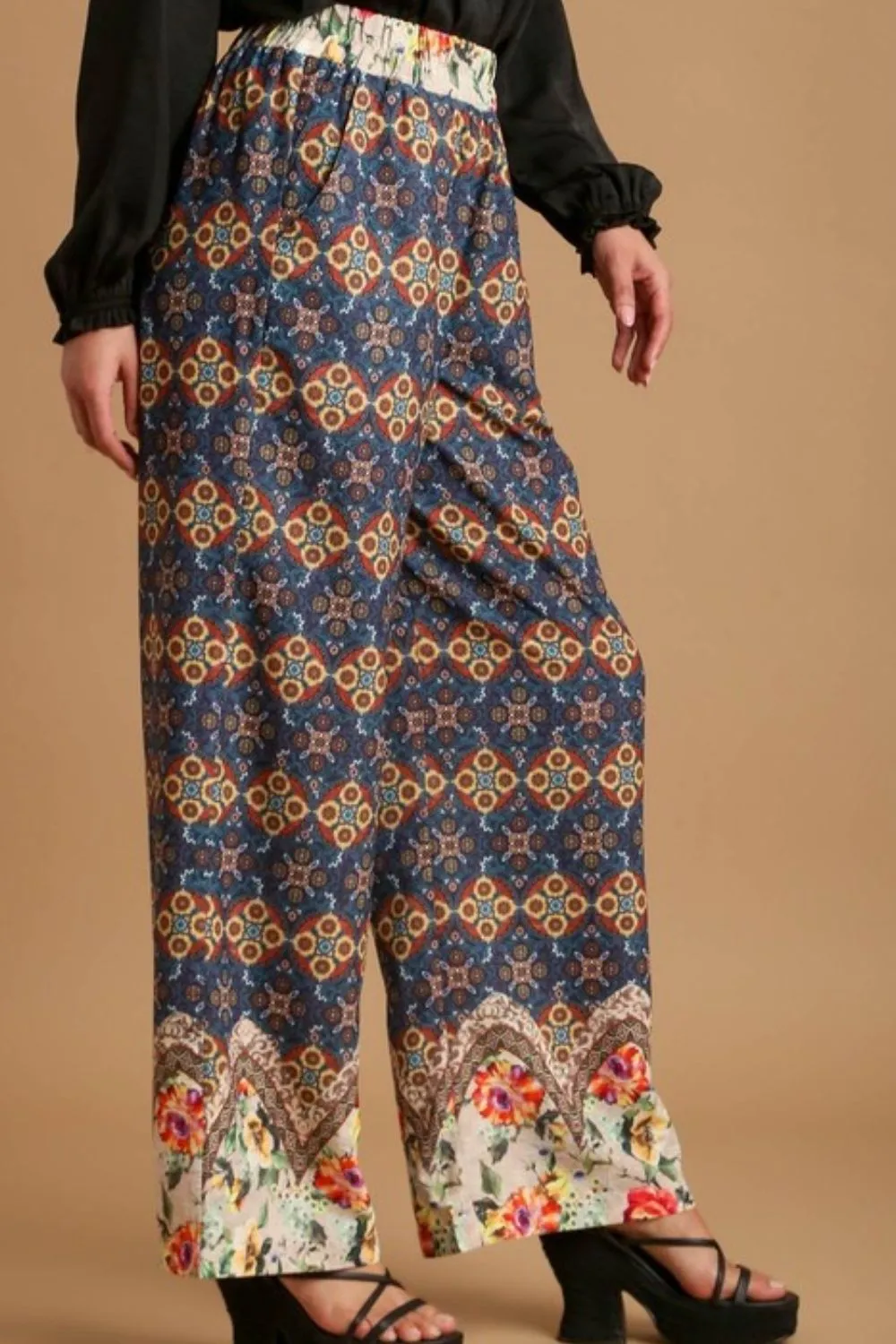 Full Size Mixed Print Elastic Waistband Pants Plus Size