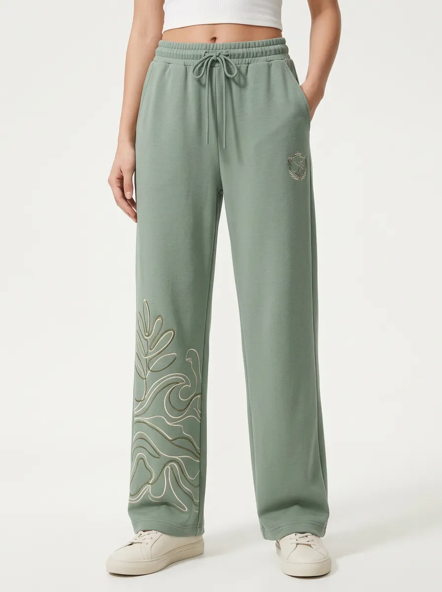 Women's Sage Green Abstract Leaf Wave Embroidered Sweatpants