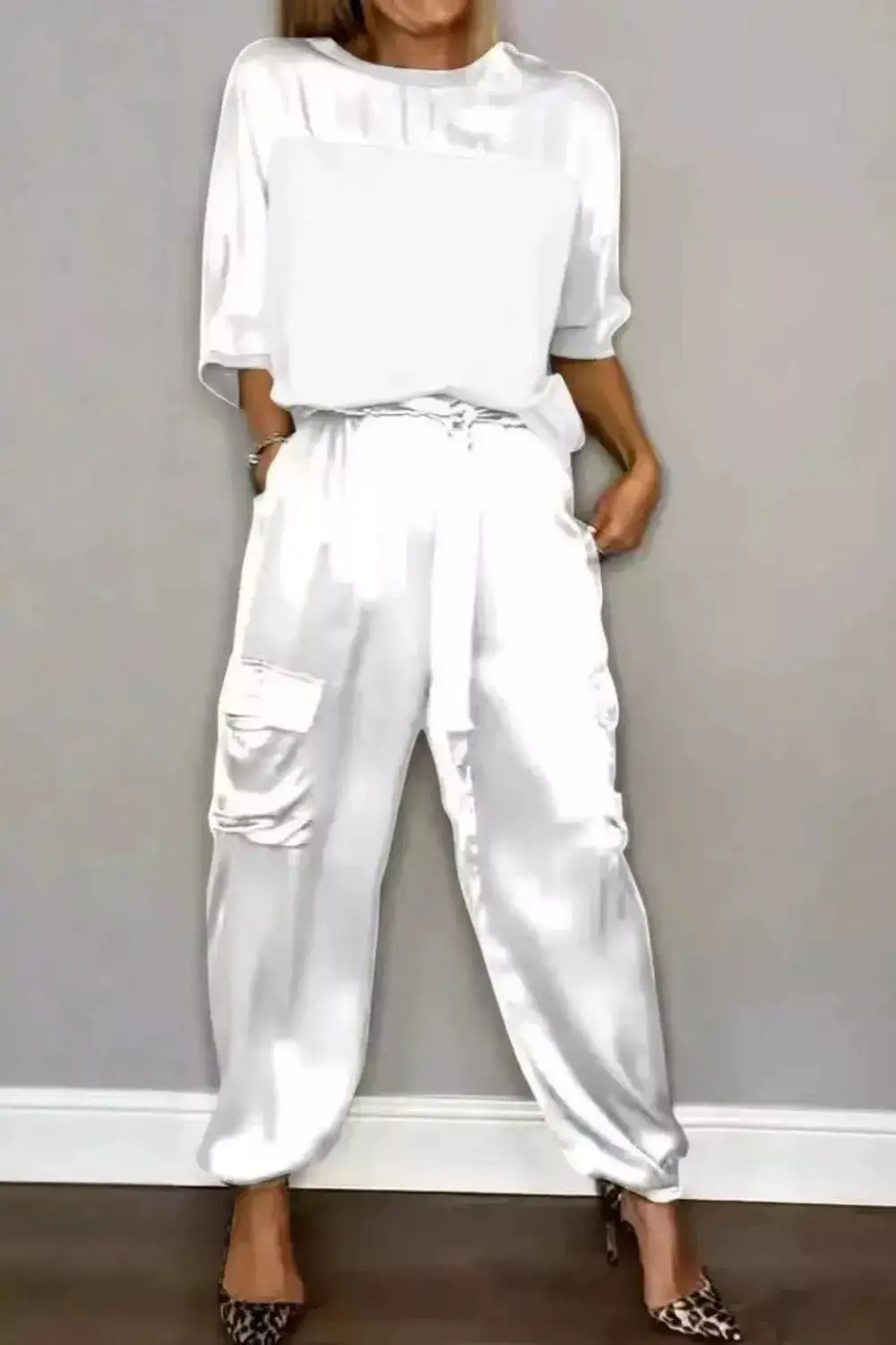 Satin Round Neck Top and Pants Set