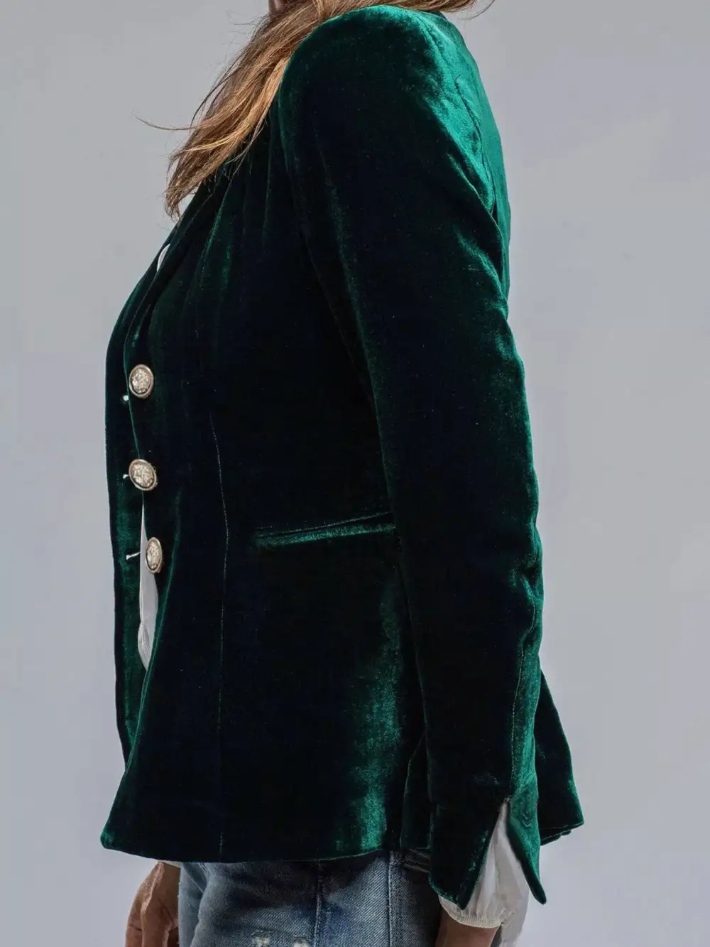 Button-Up Lapel-Collar Velvet Blazer