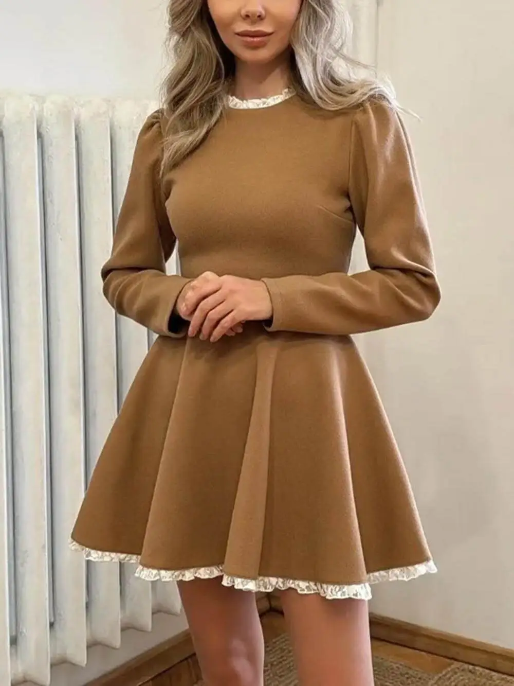 Lace Panel High Waist Long Mini Dress
