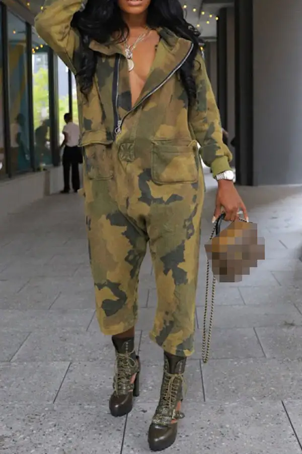 Camo Hooded Zip-Front Pocket Jumpsuit