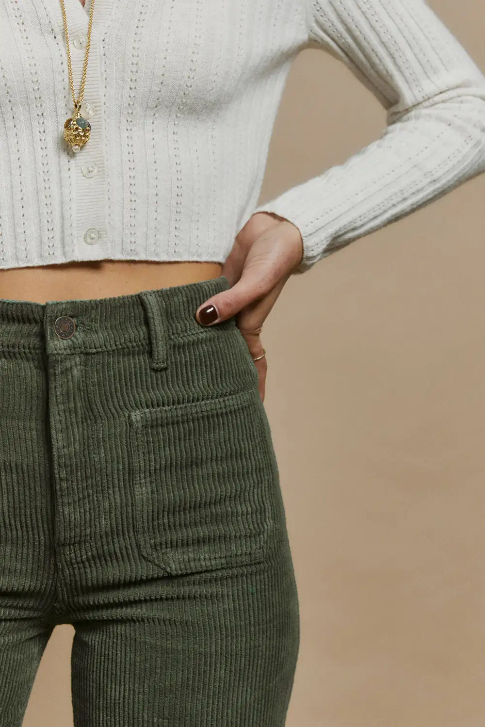 High Waist Square Pockets Corduroy Trousers
