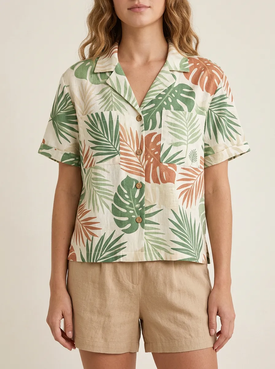 Women's Tropical Vacation Botanical Leaf Printed Button-up Shirt