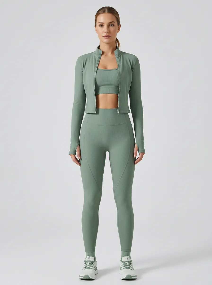Utility Ribbed Texture Zip Detail Shape Women's Three Piece Activewear Set