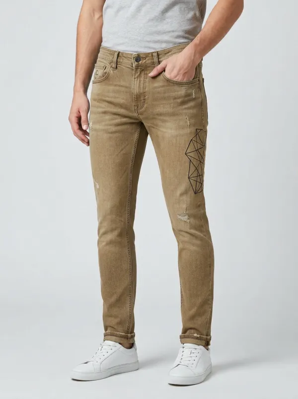 Men's Geometric Pattern Distressed Printed Slim-Fit Jeans