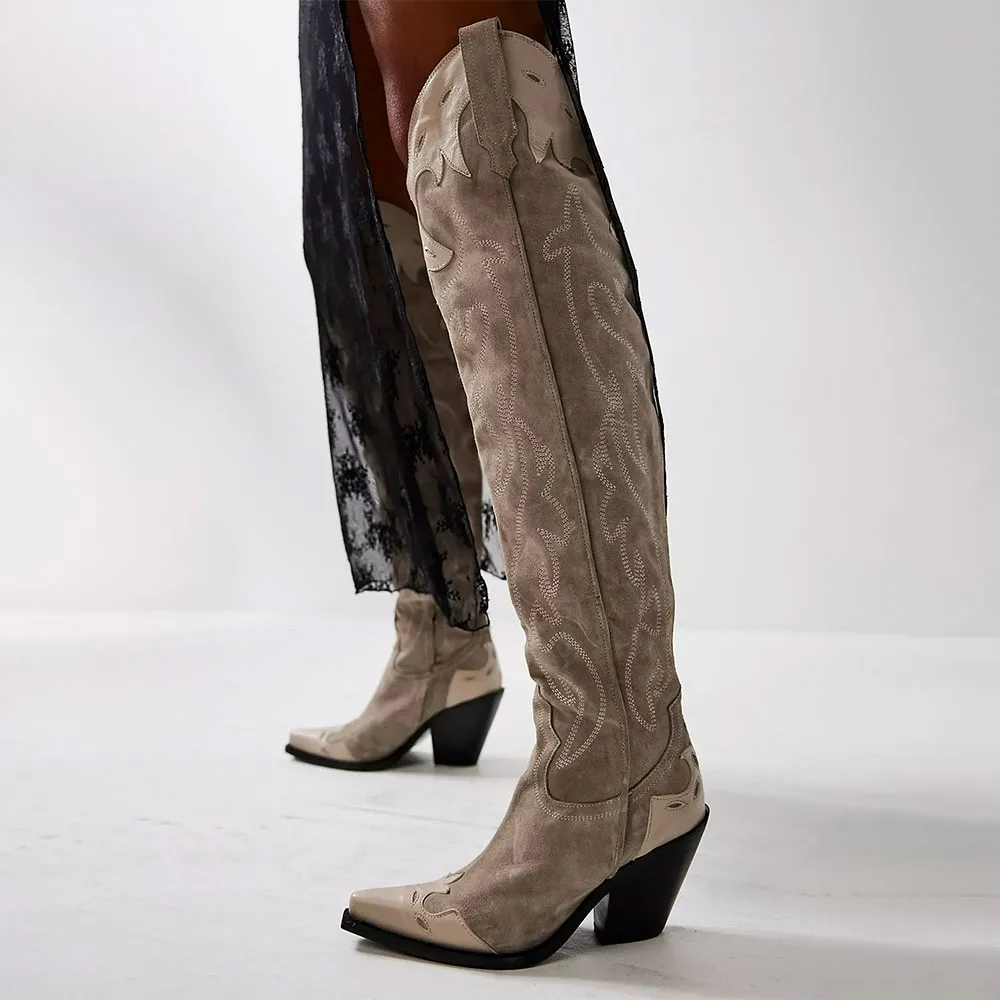 Faux-Suede Faux-Leather Embroidered Patchwork Western Boots