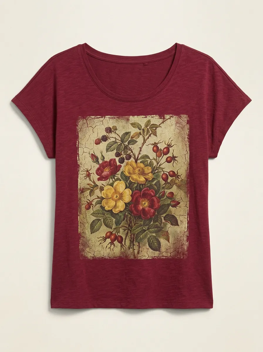 Women's Vintage Botanical Rose Berry Printed T-shirt