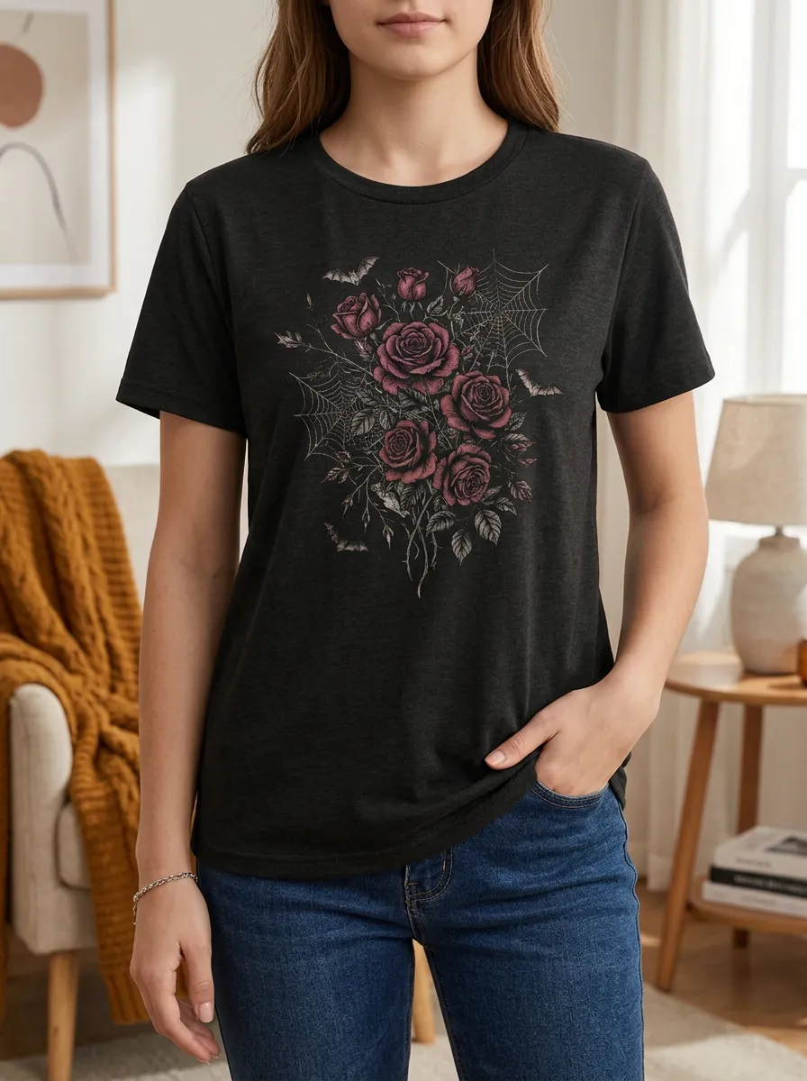 Women's Halloween Gothic Rose Spiderweb Bat Printed T-shirt