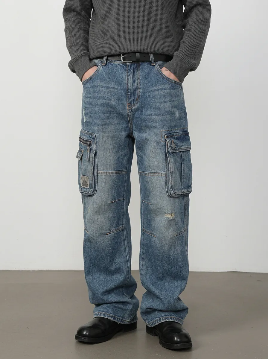 Men's Canyon Streetwear Distressed Denim Multi-Pocket Cargo Jeans